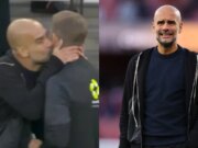 Pep Guardiola pianta un bacio sulla guancia del quarto uomo dopo aver sgridato