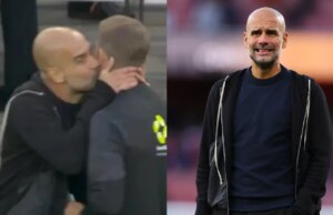 Pep Guardiola pianta un bacio sulla guancia del quarto uomo dopo aver sgridato