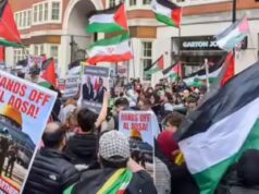 Manifestazione di Al-Quds a Londra: manifestanti pro-Iran cantano “morte all’IDF” e sventolano manifesti di Khamenei