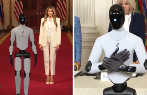 Melania Trump scortata da un robotic alimentato dall’intelligenza artificiale al vertice tecnologico della Casa Bianca, in video