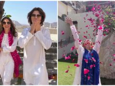 Elizabeth Hurley celebra Holi con il figlio Damian e Trinny Woodall durante i colorati festeggiamenti di Delhi