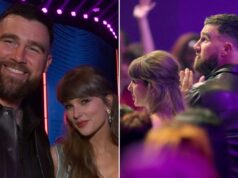 Taylor Swift ringrazia il fidanzato Travis Kelce sul palco mentre la coppia fa la prima apparizione insieme alla premiazione