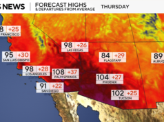 Le mappe mostrano le previsioni per un’ondata di caldo estremo che colpirà l’Occidente