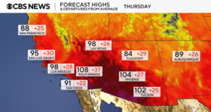 Le mappe mostrano le previsioni per un’ondata di caldo estremo che colpirà l’Occidente