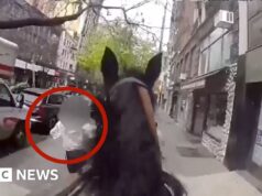 Un agente a cavallo insegue il sospetto per le strade di New York
