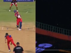 Guarda: la palla esce dallo stadio mentre Mitchell Marsh sbatte il veterano India Pacer per i sei da 102 metri