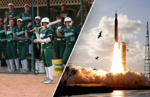 Il lancio di Artemis II ruba la scena alla partita di softball del faculty mentre i giocatori guardano il cielo stupiti